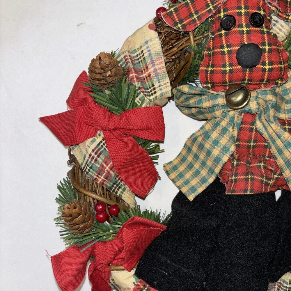 Vintage Rustic Style Reindeer Christmas Wreath Plaid Patchwork Pinecones Decor